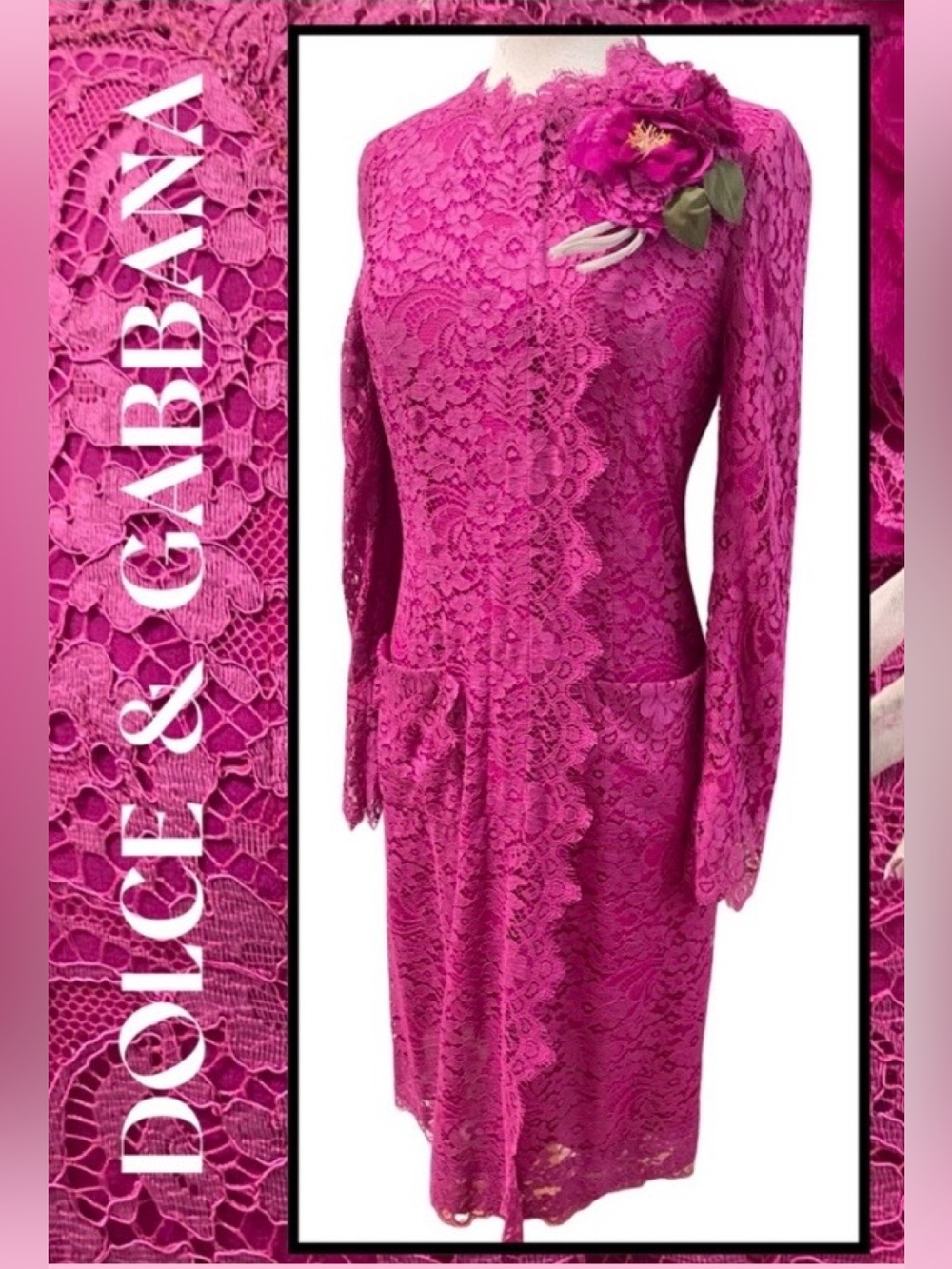 DOLCE $ GABBANA  Fuchsia Lace Silk Coat Dress 8/42 Flower Corsage NEW Tag